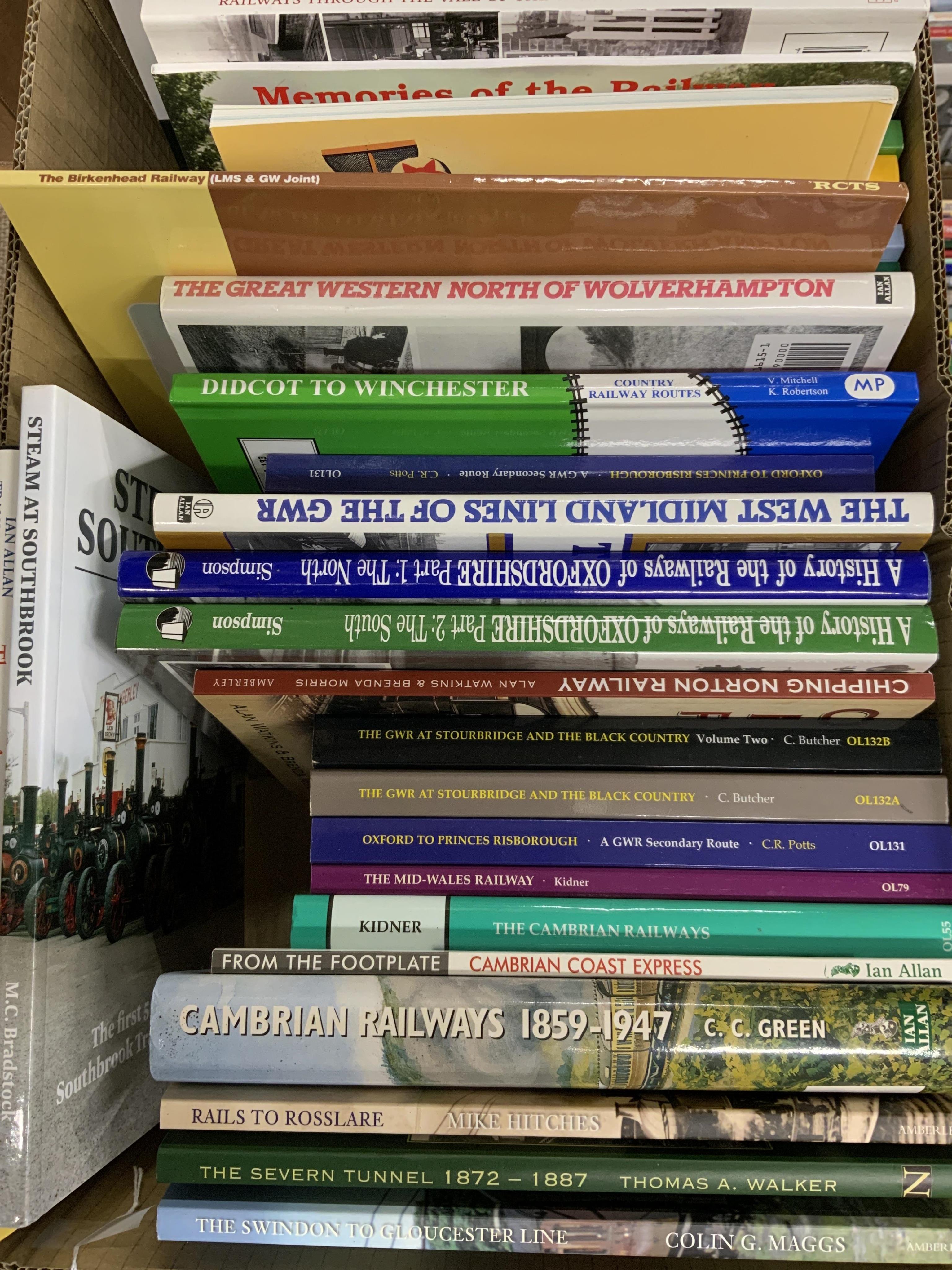 Eight boxes of railway related books, etc. subjects include; Indian railways, United States railways, Great Western Railway, steam trams, Union Pacific Railway, etc. publishers include; Middleton Press, Ian Allan, David